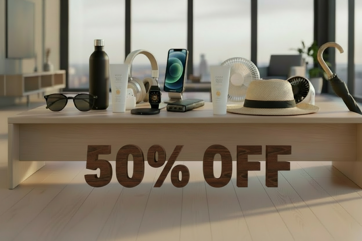 Two luxury smartwatches with ornate gold and silver cases are displayed on a wooden table in a modern office setting, alongside other lifestyle accessories like sunglasses, a water bottle, a phone, a hat, and an umbrella.